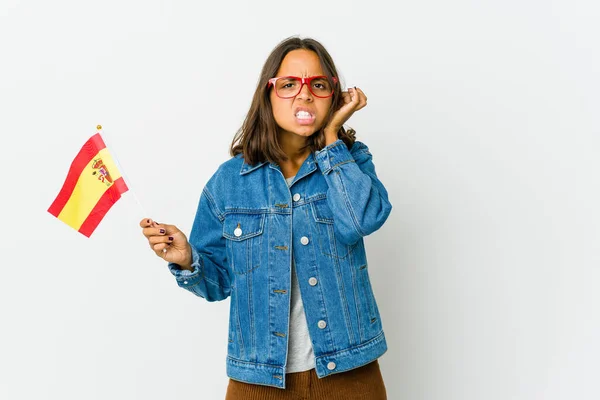 Mujer Española Joven Sosteniendo Una Bandera Aislada Sobre Fondo Blanco — Foto de Stock