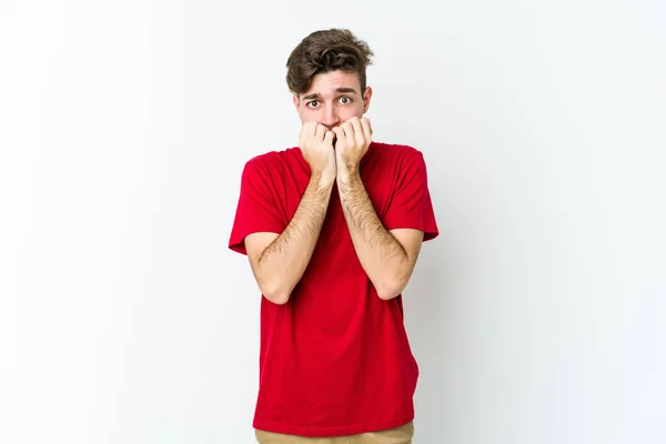 Young Caucasian Man Isolated White Background Biting Fingernails Nervous Very — Stock Photo, Image