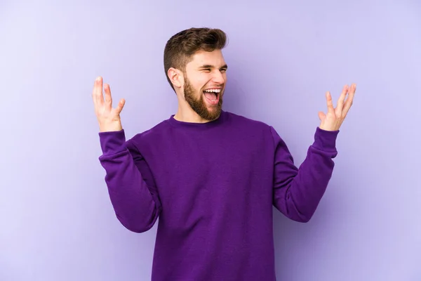 Young Caucasian Man Isolated Purple Background Joyful Laughing Lot Happiness — Stock Photo, Image