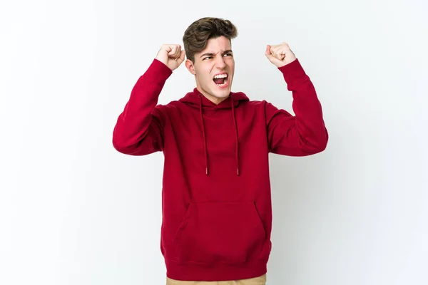 Young Caucasian Man Isolated White Background Raising Fist Victory Winner — Stock Photo, Image