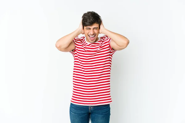 Young Cool Man Covering Ears Hands Trying Hear Too Loud — Stock Photo, Image