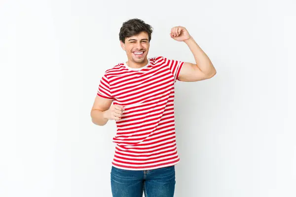 Young Cool Man Celebrating Special Day Jumps Raise Arms Energy — Stock Photo, Image