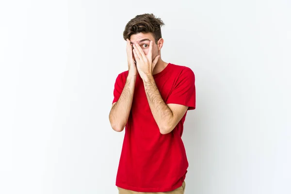 Young Caucasian Man Isolated White Background Blink Fingers Frightened Nervous — Stock Photo, Image