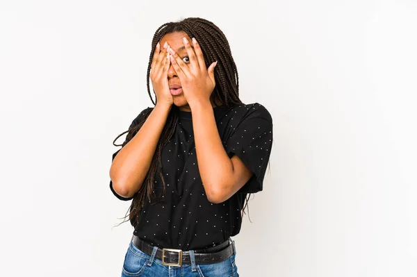 Young African American Woman Isolated White Background Blink Fingers Frightened — Stock Photo, Image