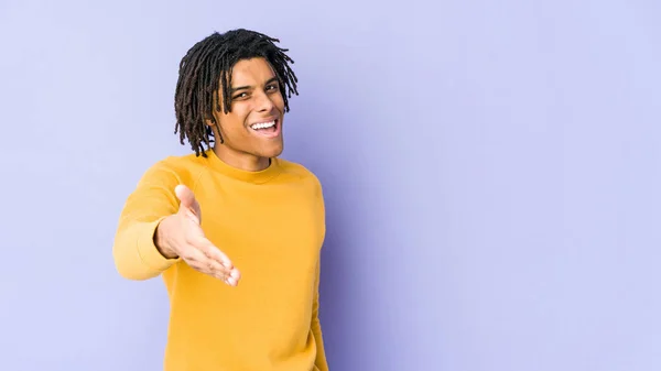 Young Black Man Wearing Rasta Hairstyle Stretching Hand Camera Greeting — Stock Photo, Image