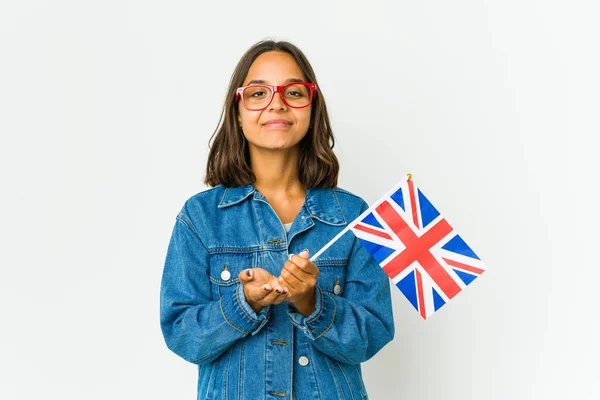 Young Latin Woman Holding English Flag Isolated White Background Holding — Stock Photo, Image