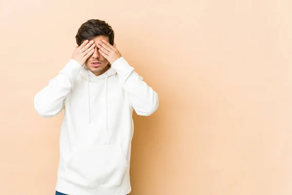 Young Cool Man Afraid Covering Eyes Hands — Stock Photo, Image