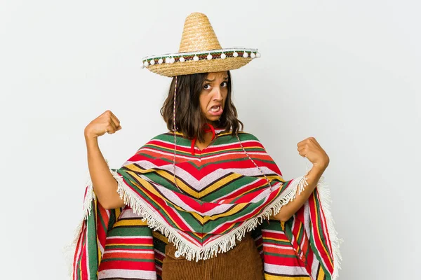 Young Mexican Woman Isolated White Background Showing Strength Gesture Arms — Stock Photo, Image