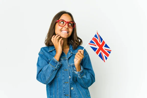 Young Latin Woman Holding English Flag Isolated White Background Making — Stock Photo, Image