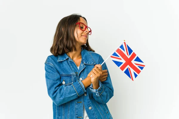 Young Latin Woman Holding English Flag Isolated White Background Hugs — Stock Photo, Image