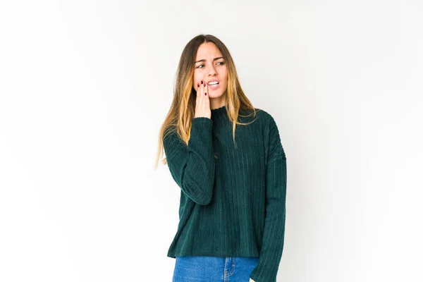 Jonge Blanke Vrouw Geïsoleerd Witte Achtergrond Met Een Sterke Tanden — Stockfoto