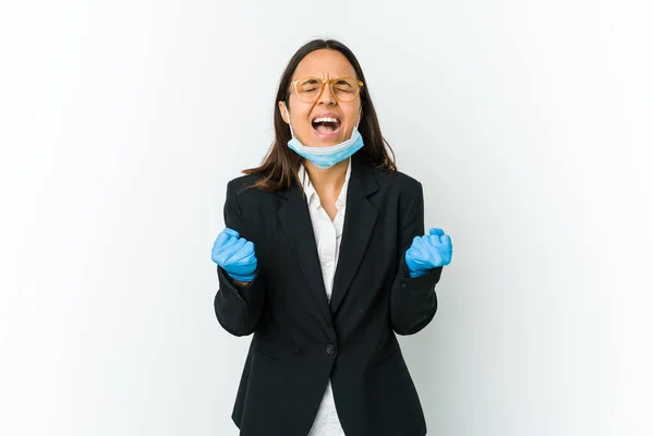 Junge Business Latein Frau Trägt Eine Maske Vor Covid Isoliert — Stockfoto