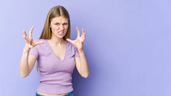 Young Blonde Woman Isolated Purple Background Upset Screaming Tense Hands — Stock Photo, Image