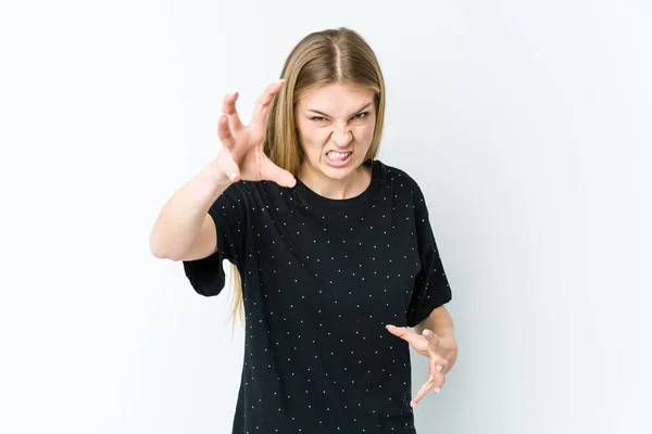 Giovane Donna Bionda Isolata Sfondo Bianco Mostrando Artigli Che Imitano — Foto Stock