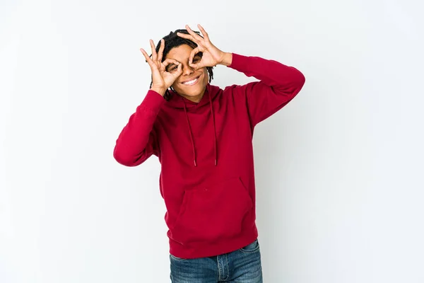 Young African American Rasta Man Showing Okay Sign Eyes — Stock Photo, Image