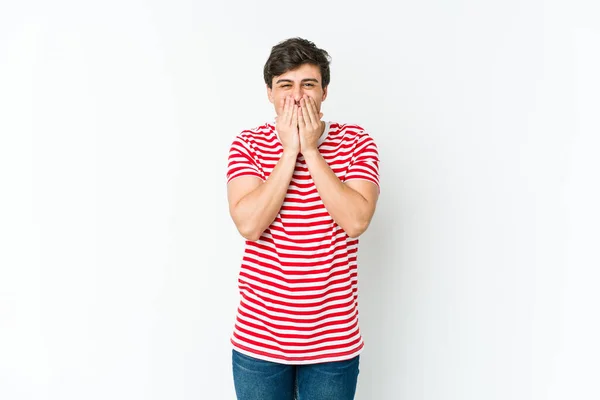 Young Cool Man Laughing Something Covering Mouth Hands — Stock Photo, Image