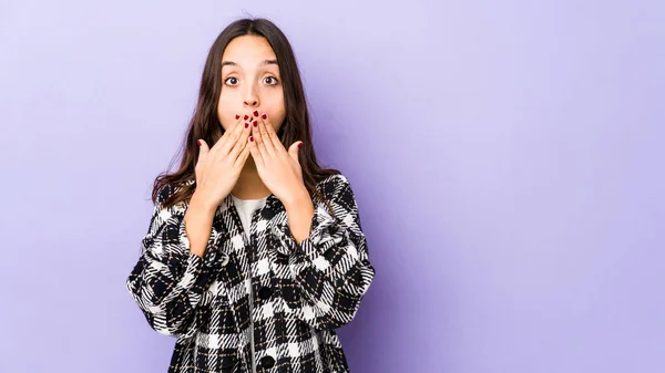 Young Mixed Race Hispanic Woman Isolated Shocked Covering Mouth Hands — Stock Photo, Image