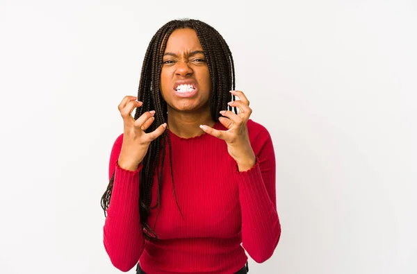 Ung Afrikansk Amerikansk Kvinna Isolerad Upprörd Skriker Med Spända Händer — Stockfoto