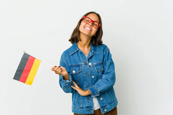 Молода Жінка Тримає Німецький Прапор Ізольований Білому Тлі Яка Почувається — стокове фото
