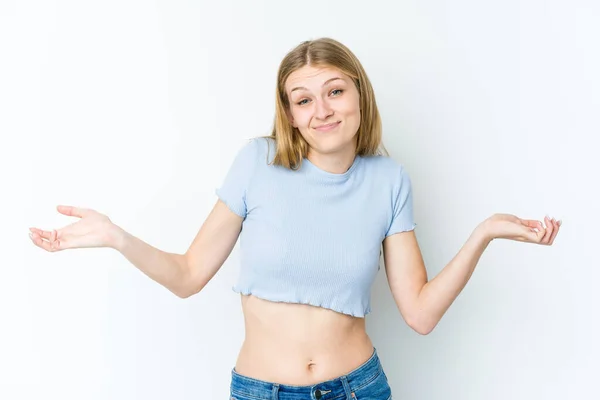 Young Blonde Woman Isolated White Background Doubting Shrugging Shoulders Questioning — Stock Photo, Image