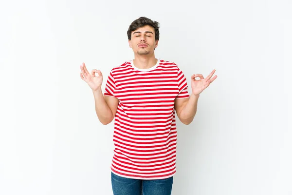 Young Cool Man Relaxes Hard Working Day She Performing Yoga — Stock Photo, Image