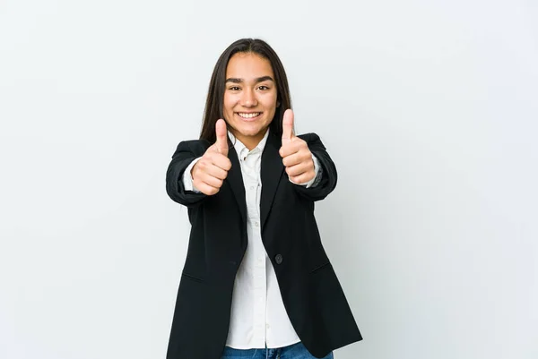 Young Asian Bussines Woman Isolated White Background Thumbs Ups Cheers — Stock Photo, Image