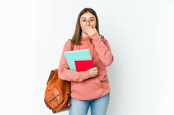 Young Student Woman Isolated White Bakcground Shocked Covering Mouth Hands — Stock Photo, Image