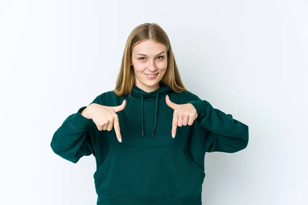 Young Blonde Woman Isolated White Background Points Fingers Positive Feeling — Stock Photo, Image