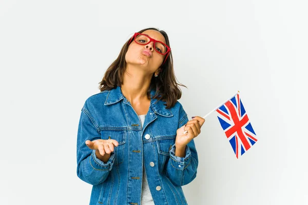 Young Latin Woman Holding English Flag Isolated White Background Folding — Stock Photo, Image