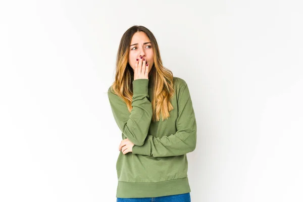 Young Caucasian Woman Isolated White Background Yawning Showing Tired Gesture — Stock Photo, Image