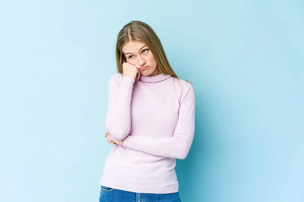 Young Blonde Woman Isolated Blue Background Who Feels Sad Pensive — Stock Photo, Image