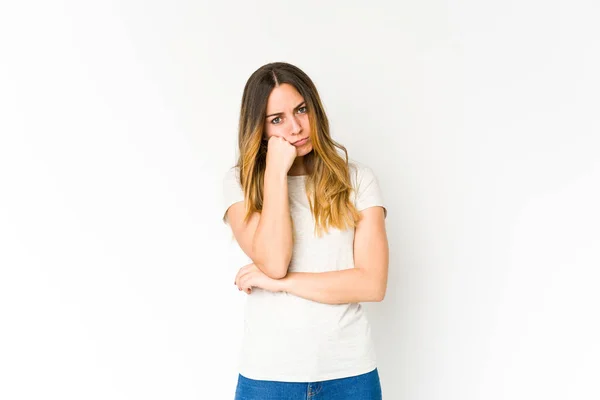 Young Caucasian Woman Isolated White Background Who Feels Sad Pensive — Stock Photo, Image