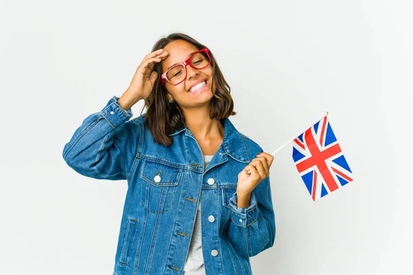 Eine Junge Lateinamerikanische Frau Mit Einer Englischen Flagge Auf Weißem — Stockfoto