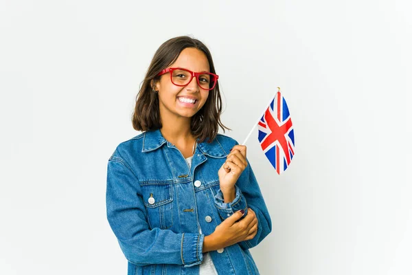 여자는 의지와 자신감을 배경에 영어로 깃발을 — 스톡 사진