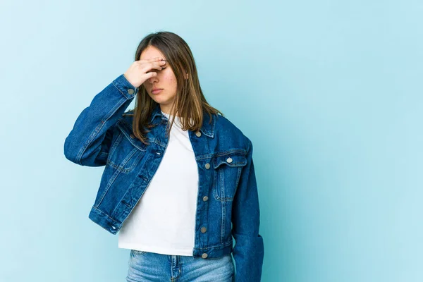 Young Caucasian Woman Having Head Ache Touching Front Face — Stock Photo, Image