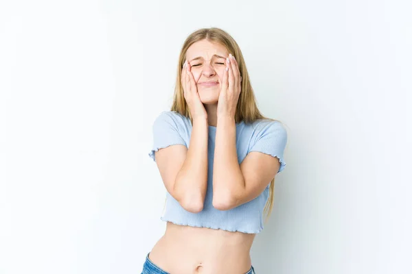 Giovane Donna Bionda Isolata Sfondo Bianco Piagnucolare Piangere Sconsolatamente — Foto Stock