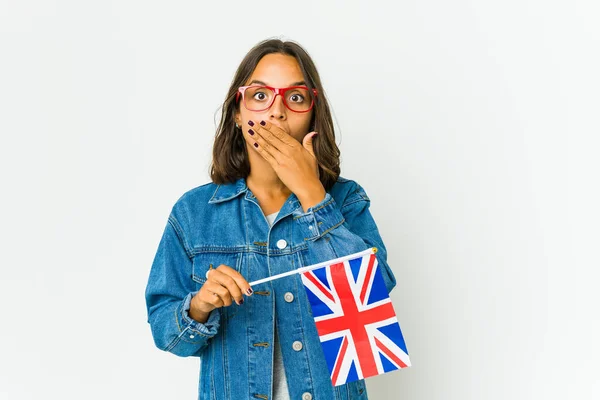 Jonge Latijn Vrouw Met Een Engels Vlag Geïsoleerd Witte Achtergrond — Stockfoto