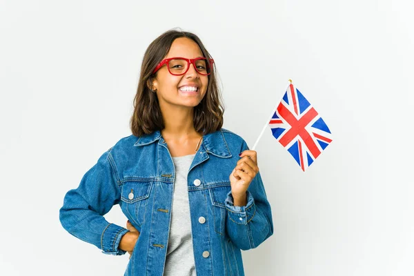 Jonge Latijn Vrouw Met Een Engels Vlag Geïsoleerd Witte Achtergrond — Stockfoto