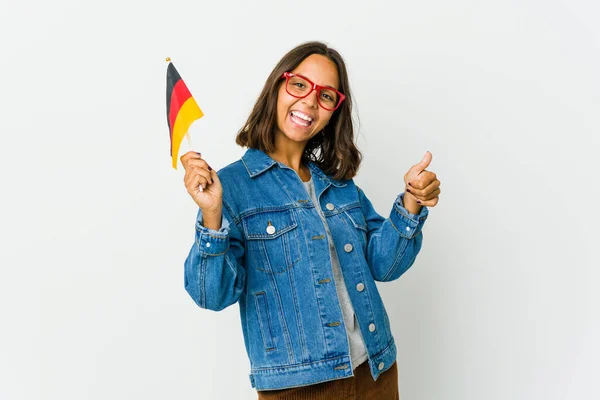 Young Latin Woman Holding German Flag Isolated White Background Raising — Stock Photo, Image