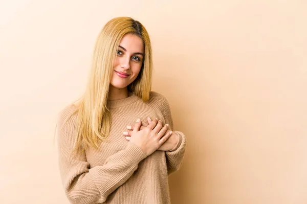 Young Blonde Caucasian Woman Has Friendly Expression Pressing Palm Chest — Stock Photo, Image