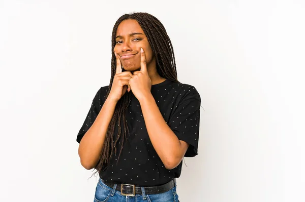 Genç Afrikalı Amerikalı Kadın Beyaz Arka Planda Izole Edilmiş Iki — Stok fotoğraf