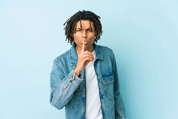 Young Black Man Wearing Jeans Jacket Keeping Secret Asking Silence — Stock Photo, Image