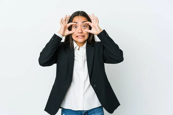 Joven Asiático Bussines Mujer Aislado Blanco Fondo Mantener Los Ojos —  Fotos de Stock