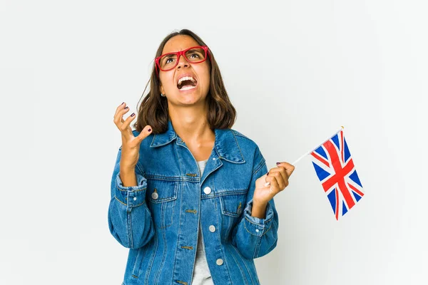 Mladá Latinská Žena Drží Anglickou Vlajku Izolovanou Bílém Pozadí Zvedající — Stock fotografie