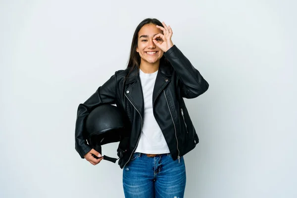 Joven Asiático Mujer Holding Moto Casco Sobre Aislado Fondo Excitado — Foto de Stock