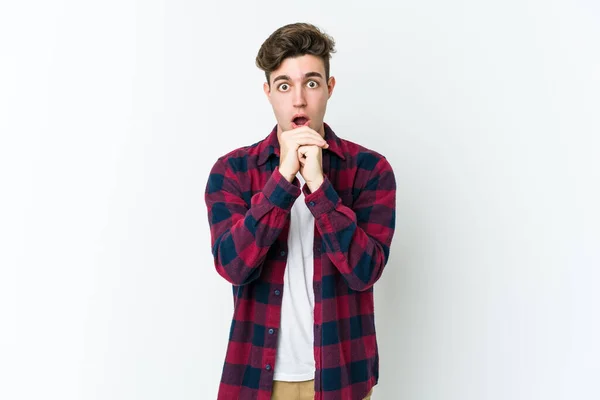 Young Caucasian Man Isolated White Background Praying Luck Amazed Opening — Stock Photo, Image