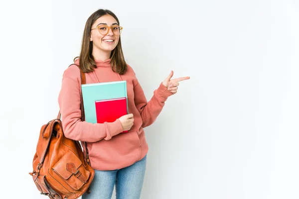 Mladý Kavkazský Student Žena Izolované Bílém Pozadí Vzrušený Ukazující Ukazováčky — Stock fotografie