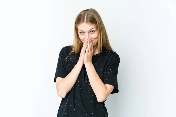 Giovane Donna Bionda Isolata Sfondo Bianco Che Inventa Piano Mente — Foto Stock