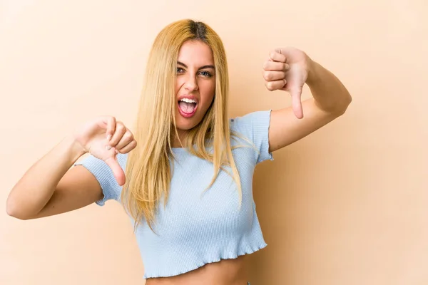 Young Blonde Caucasian Woman Showing Thumb Expressing Dislike — Stock Photo, Image