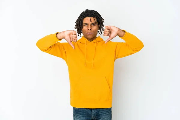 Young African American Rasta Man Showing Dislike Gesture Thumbs Disagreement — Stock Photo, Image